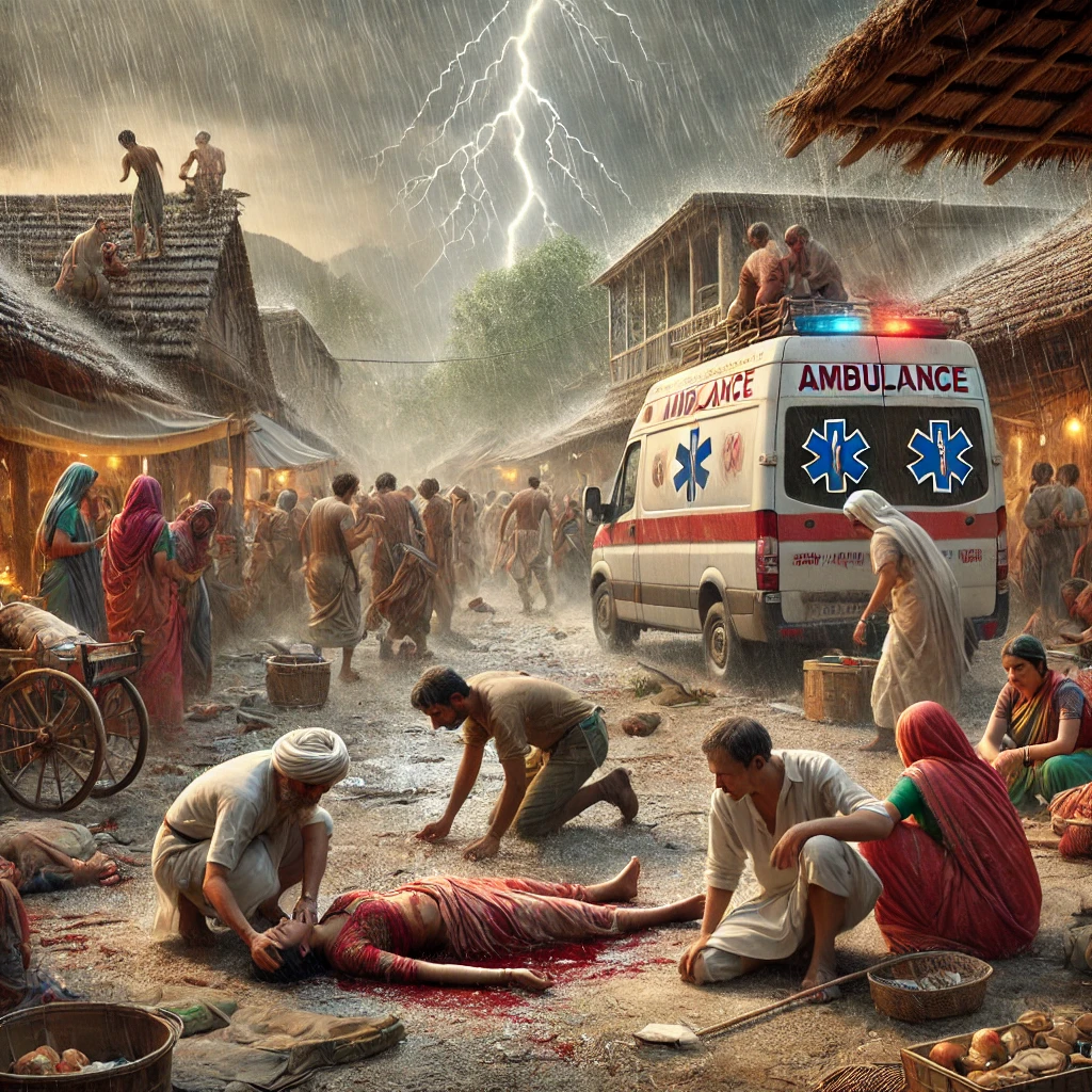 Indian village scene after a lightning strike - भादूडीह गांव